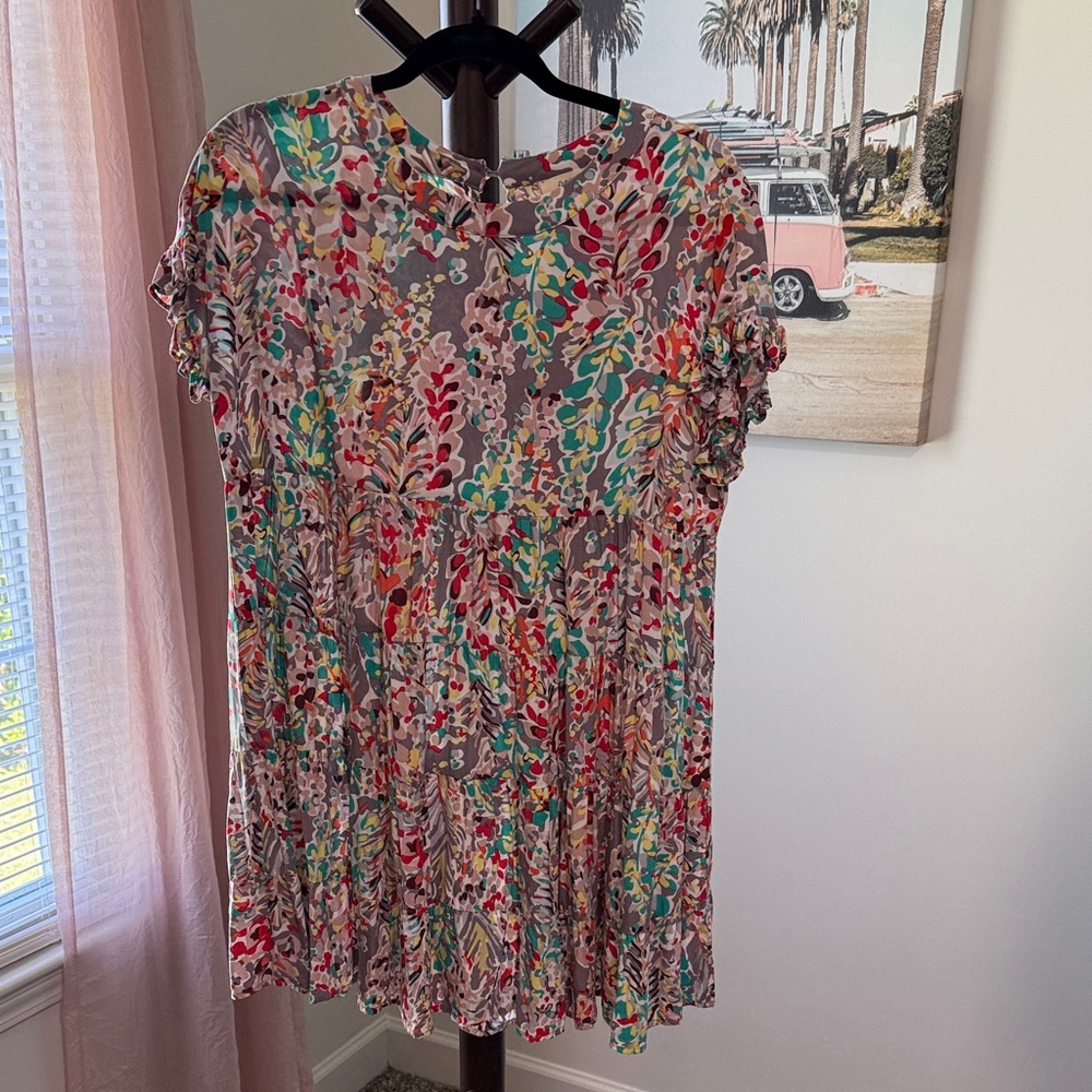 Floral Multicolor Pleated Short Sleeve Dress